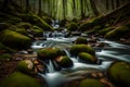 spring forest nature landscape, beautiful spring stream, river rocks in mountain forest cloudy day