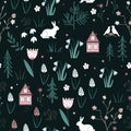 Spring forest seamless pattern with rabbits, birds, flowers, houses and trees. Vector spring wood background Royalty Free Stock Photo