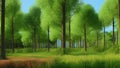 Spring forest with tall trees and green grass on a bright spring day. A beautiful garden under a blue sky. Generated AI. Royalty Free Stock Photo