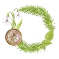 Spring forest watercolor round frame, wreath on the theme of tourism, camping with fir branches, compass and snowdrop Royalty Free Stock Photo