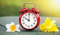 Spring forward, daylight savings time concept, alarm clock and easter flowers Royalty Free Stock Photo