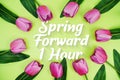 Spring Forward 1 Hour Daylight Savings Time message with bunch of flowers on green background Royalty Free Stock Photo