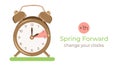 Spring Forward minimalist banner. Set clocks one hour Ahead in March. Hand of alarm turning to Summertime. Daylight Saving Time Royalty Free Stock Photo