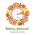 Spring Forward reminder to change clocks. Hand turn to Summertime. Summer time in March minimalist style design. DST illustration Royalty Free Stock Photo