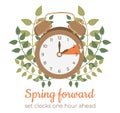 Spring Forward, set clocks ahead one hour. Alarm-clock with hand points onward. DST starts in USA for banner, web, email.