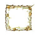 Spring frame of twigs willow tree with catkins, snowdrops Galanthus nivalis and quail eggs on white background Royalty Free Stock Photo