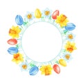 Spring frame.Watercolor illustration with colorful tulips,daffodils on a white background.Watercolour bouquet of flowers