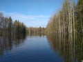 A spring freshet on a small forest river. Location: Komi republic Russia Royalty Free Stock Photo