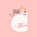 Spring funny greeting card template. Doodle cartoon pretty March cat illustration. Vector EPS clip art Royalty Free Stock Photo