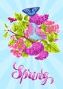 Spring garden background or greeting card. Natural illustration with blossom flower, robin birdie and butterfly