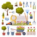 Spring Garden Collection, Agriculture Work Equipment, Farming Tools, Seedlings and Plants Flat Style Vector Illustration Royalty Free Stock Photo