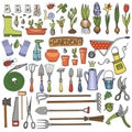 Spring garden doodle set.Colored tools,plants