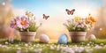 A spring garden features tiny handcrafted flowers and butterflies among soft grass with colorful Easter eggs nestled in Royalty Free Stock Photo