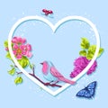 Spring garden frame. Natural illustration with blossom flower, robin birdie and butterfly