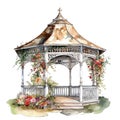 Spring garden gazebo watercolor illustration, spring clipart Royalty Free Stock Photo