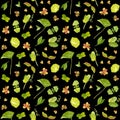 Spring garden leaves of pea, oxalis, beet, nasturtium, radish, basil, coriander seamless pattern.