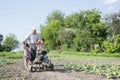 Spring in the garden man plowing land motor-block small son and Royalty Free Stock Photo