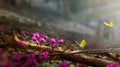 Spring garden nature landscape background with wild Spring flower and fly butterfly; Colorful Garden flower