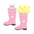 Spring garden rubber boots with a bouquet of dandelions and a cute kitty with big eyes sitting inside the boot. Gardening and Royalty Free Stock Photo