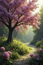Spring garden scene with a blooming tree and sunshine, foliage, garden, spring Royalty Free Stock Photo