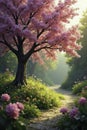 Spring garden scene with a blooming tree and sunshine, foliage, garden, spring Royalty Free Stock Photo