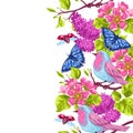 Spring garden seamless pattern. Natural illustration with blossom flower, robin birdie and butterfly Royalty Free Stock Photo