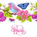 Spring garden seamless pattern. Natural illustration with blossom flower, robin birdie and butterfly Royalty Free Stock Photo