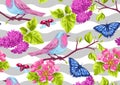 Spring garden seamless pattern. Natural illustration with blossom flower, robin birdie and butterfly Royalty Free Stock Photo