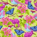 Spring garden seamless pattern. Natural illustration with blossom flower, robin birdie and butterfly Royalty Free Stock Photo