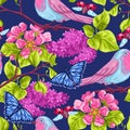 Spring garden seamless pattern. Natural illustration with blossom flower, robin birdie and butterfly Royalty Free Stock Photo