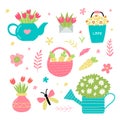 Spring garden set in cute hand drawn style. Happy gardening poster design. Vector illustration. Royalty Free Stock Photo