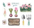 Spring garden set illustration. Watercolor gardening tools, flowers, wood container, isolated