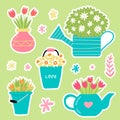 Spring garden stickers in cute hand drawn style. Happy gardening poster design. Vector illustration. Royalty Free Stock Photo