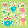 Spring garden stickers in cute hand drawn style. Happy gardening poster design. Vector illustration Royalty Free Stock Photo