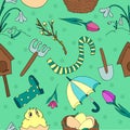 Spring garden tools - watering can, rake, shovel, flowers, tulips, snowdrops, vector seamless pattern on a green background, Royalty Free Stock Photo