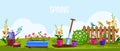 Spring garden vector cartoon nature backyard illustration, view with fence, flowerpots, birds, green meadow.