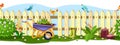 Spring garden vector fence seamless border with birds, flowers, bushes, wheelbarrow, green grass, boots. Royalty Free Stock Photo