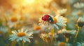 Spring Garden Visitor: Ladybug on Camomile Flower Stem - Summer Insect Wildlife