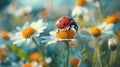 Spring Garden Visitor: Ladybug on Camomile Flower Stem - Summer Insect Wildlife