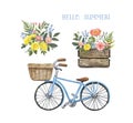 Spring garden watercolor illustration. Cute blue bicycle with basket, wooden box with flowers, wildflower bouquet,isolated Royalty Free Stock Photo