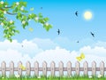 Spring garden. White fence with grass. Spring day. Royalty Free Stock Photo