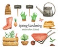 Spring Gardening clipart watercolor, Garden tools set, wheelbarrow, gloves, watering can, garden elements isolated