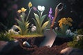 Spring gardening concept. A spade in a flowerbed soil. Cultivation works. Generative AI