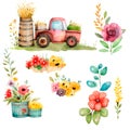 Spring gardening flowers and planting tools icons set. Farm Clipart, Watercolor png, jpeg Royalty Free Stock Photo