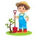 Spring Gardening. Growing Young Gardener. Cute Cartoon Boy With Shovel.