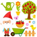 Gardening illustration collection with garden gnome. Vector illustration