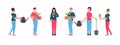 Spring gardening people. Man and woman with flowers, shovel. Vector characters reforestation