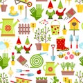 Spring and gardening seamless pattern. Tools, decorations and seasonal symbols of spring on a white background. Cartoon