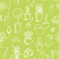 Gardening sketch seamless pattern, green background Royalty Free Stock Photo