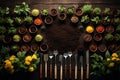 Spring gardening tools on fertile soil background from above, epitomizing planting concept